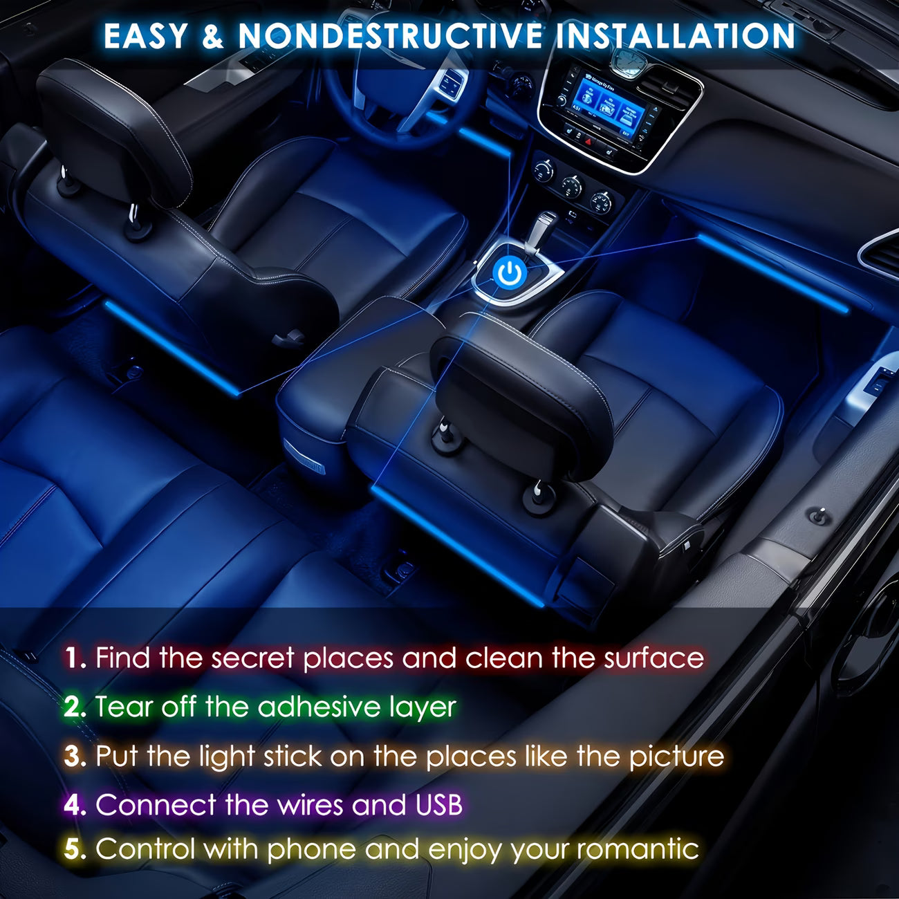 Set Lumini LED RGB Interior Auto – 4 Bucăți cu Telecomandă