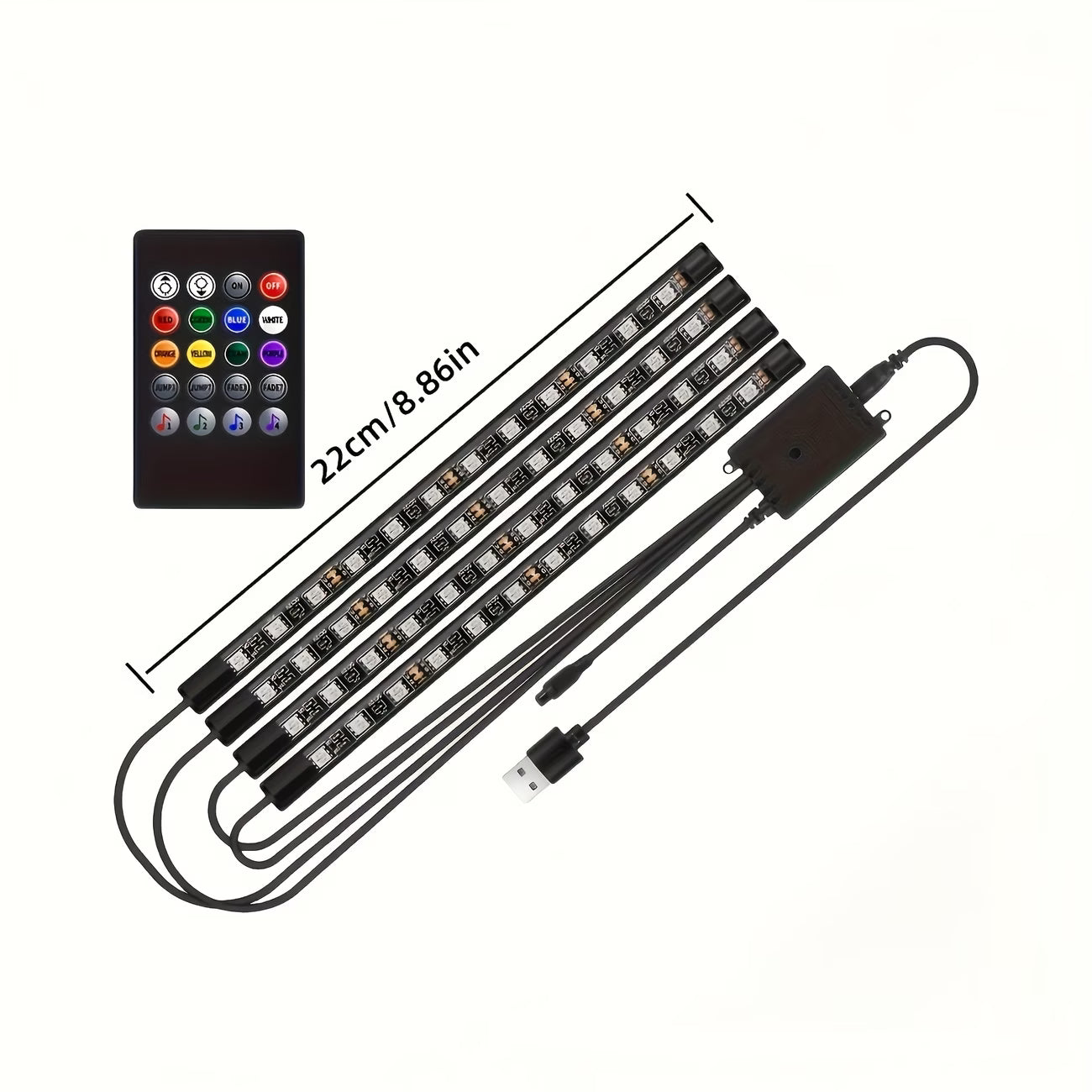 Set Lumini LED RGB Interior Auto – 4 Bucăți cu Telecomandă
