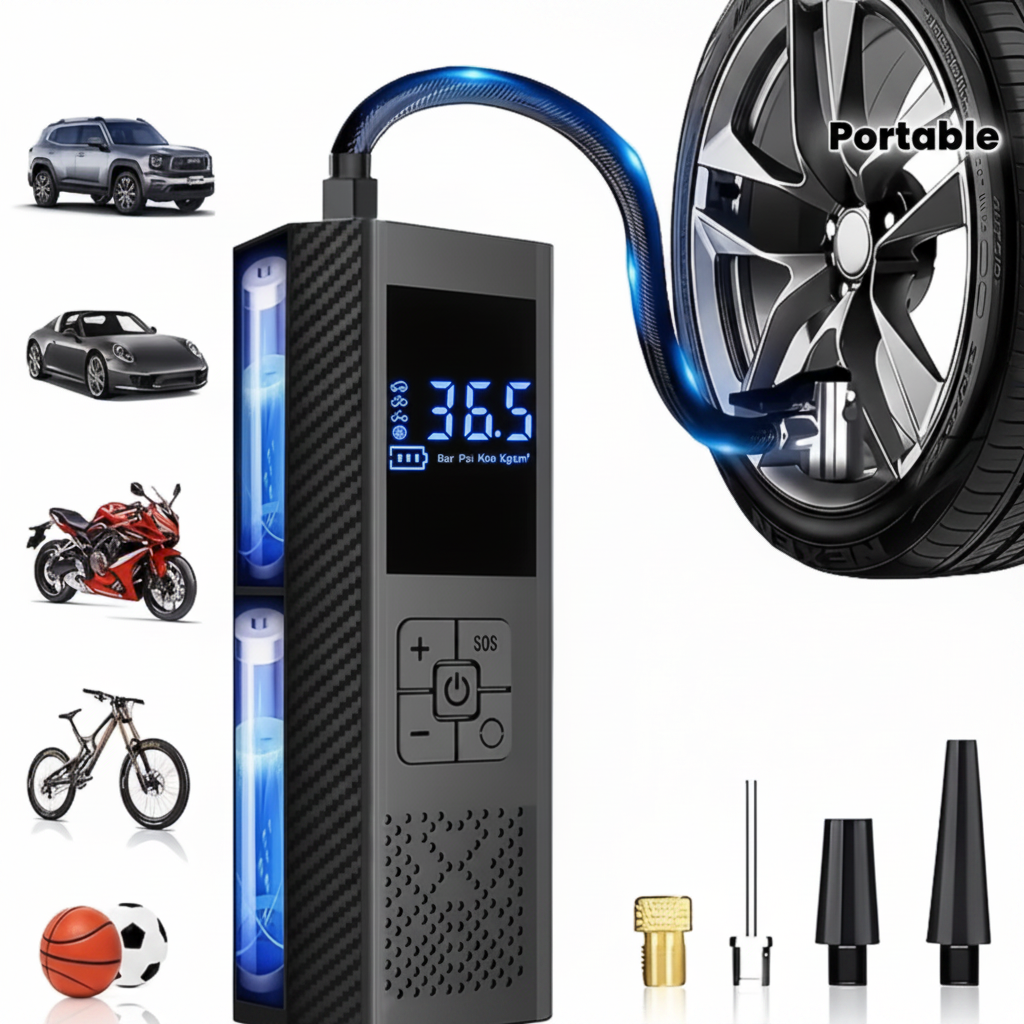 Compresor aer portabil auto 150 PSI conectat la anvelopă